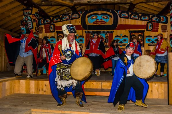 Tlingit Indians wearing their regalia, Chilkat Indian village, Klukwan.