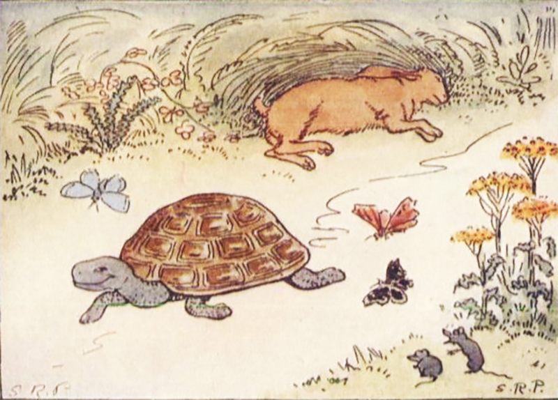 An illustration of <em>The Tortoise and the Hare</em> from 1927 book <em>Childhood's Favorites and Fairy Stories</em>.