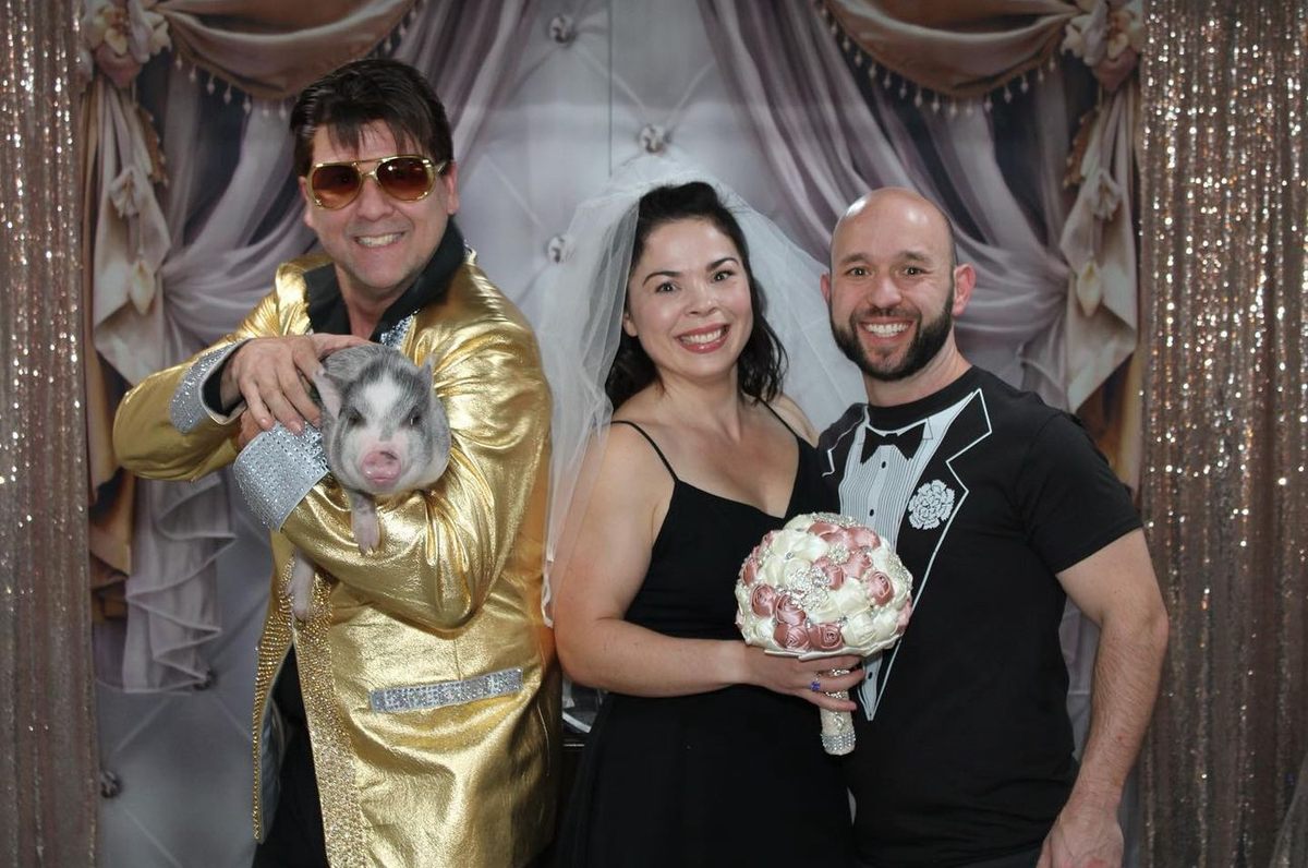 Las Vegas-based Elvis impersonator Chad Collins poses with a couple and Priscilla the pig. Priscilla is the mascot of the Las Vega Elvis Wedding Chapel (and the owner's pet), and the happy couple requested to take photos with her at their ceremony.