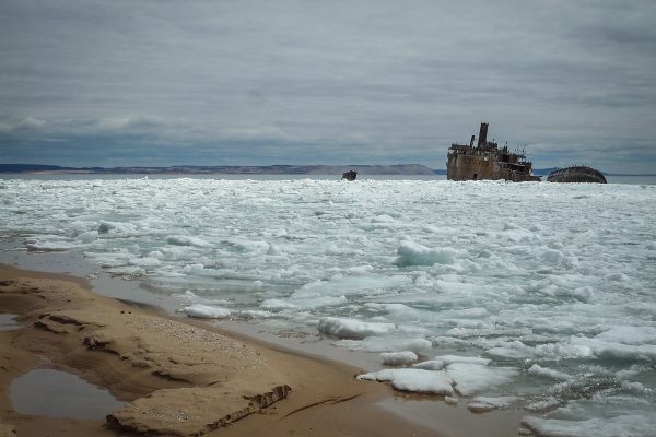 Wreckage of the SS Francisco Morazan in winter.