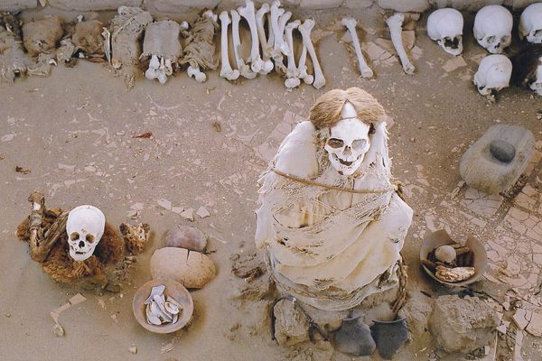 Nazca culture mummies and skulls cemetry in Peru