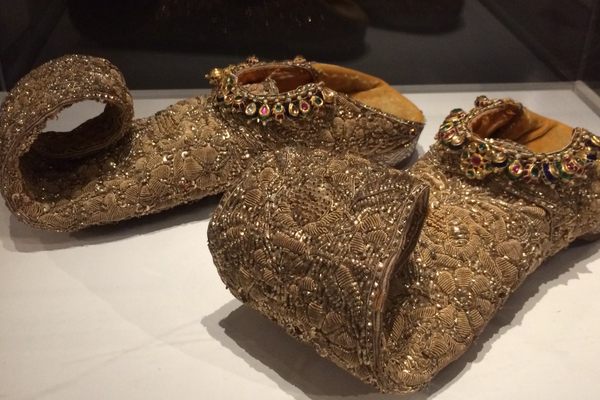 Bejeweled mojari are from Hyderabad, early or mid-1800s.